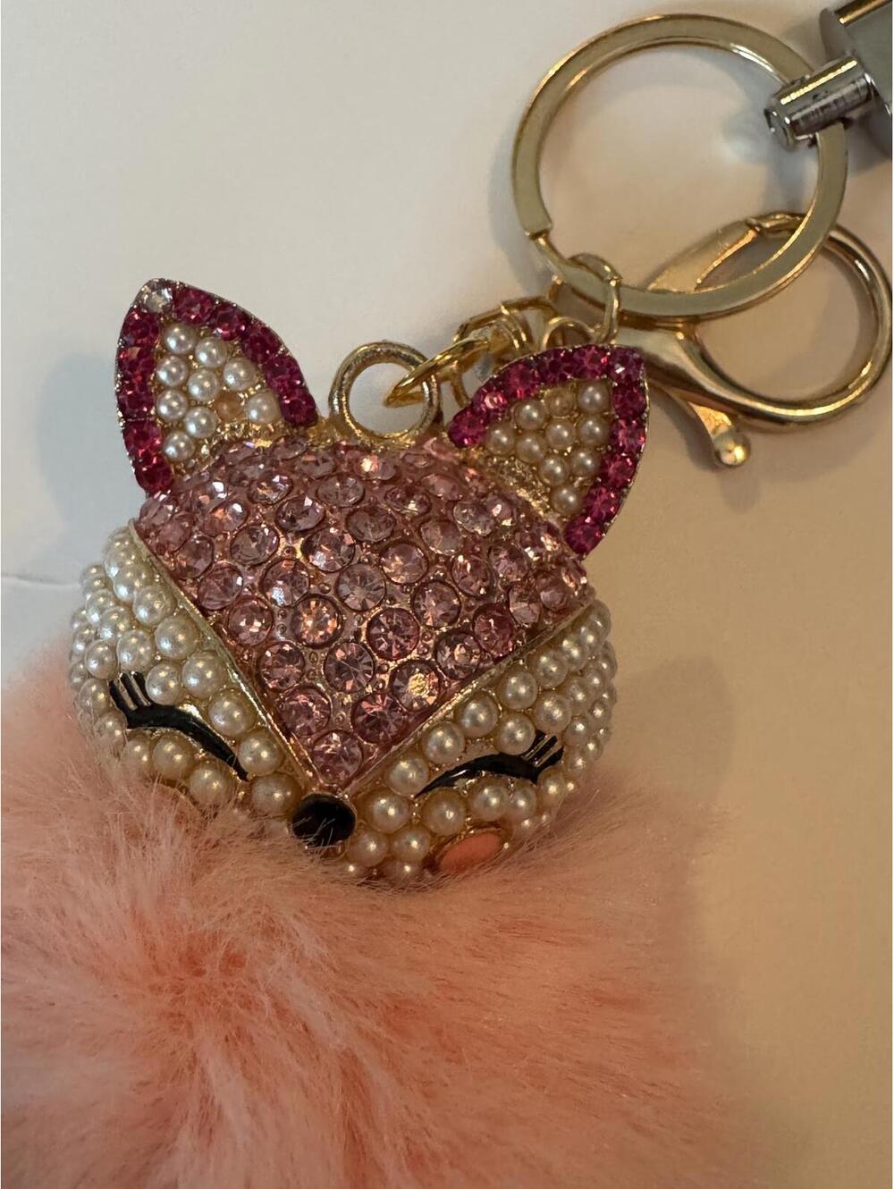 Elegant Pink Fox Pompom Keychain with Rhinestones and Pearls - Picture 3 of 4